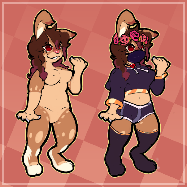 A reference sheet for my sona - a brown bunny with red eyes. There's a clothed alt to the right, wearing a cropped hoodie, shorts, long socks, face mask (all black), a black choker with a red heart at the front, and a crown of roses on my head.